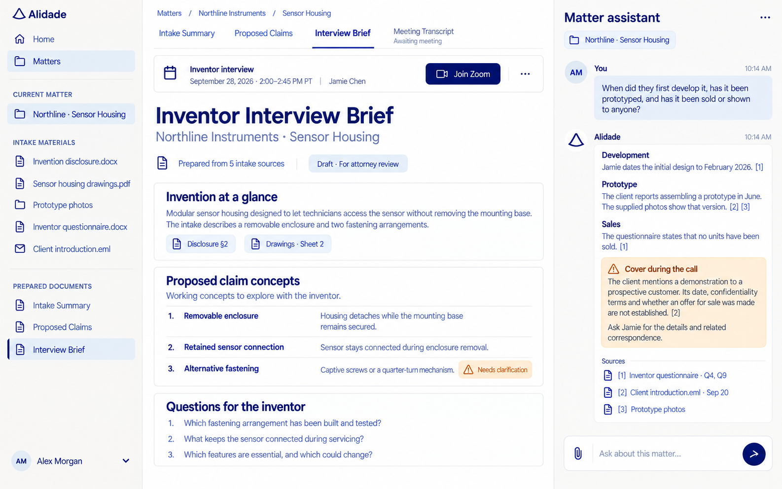 Inventor interview brief with intake files, proposed claim concepts, scheduled Zoom meeting, and cited answers identifying a question to resolve during the call.