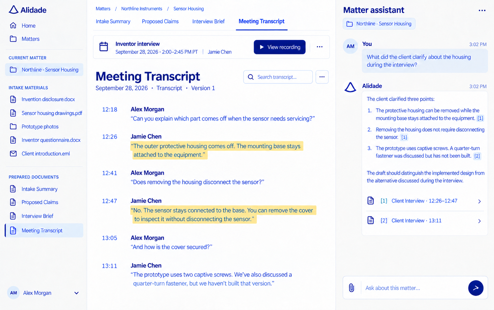 A cited answer beside the interview transcript, with the supporting passage highlighted and the meeting date visible.