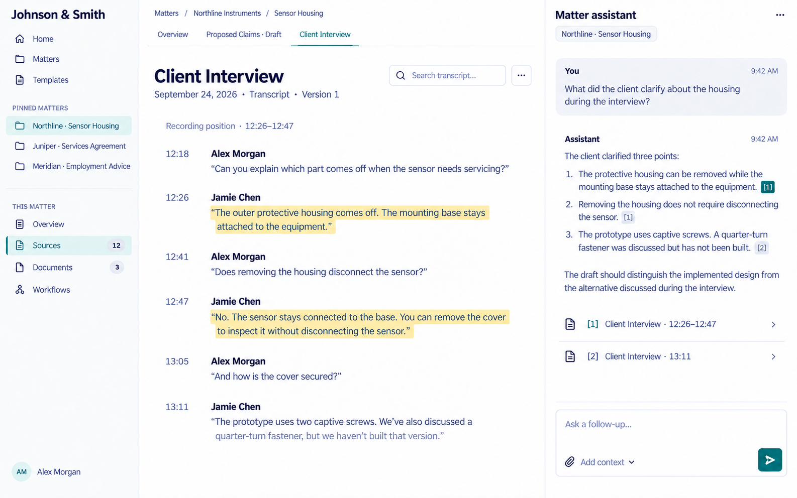 A cited answer beside the interview transcript, with the supporting passage highlighted and the meeting date visible.