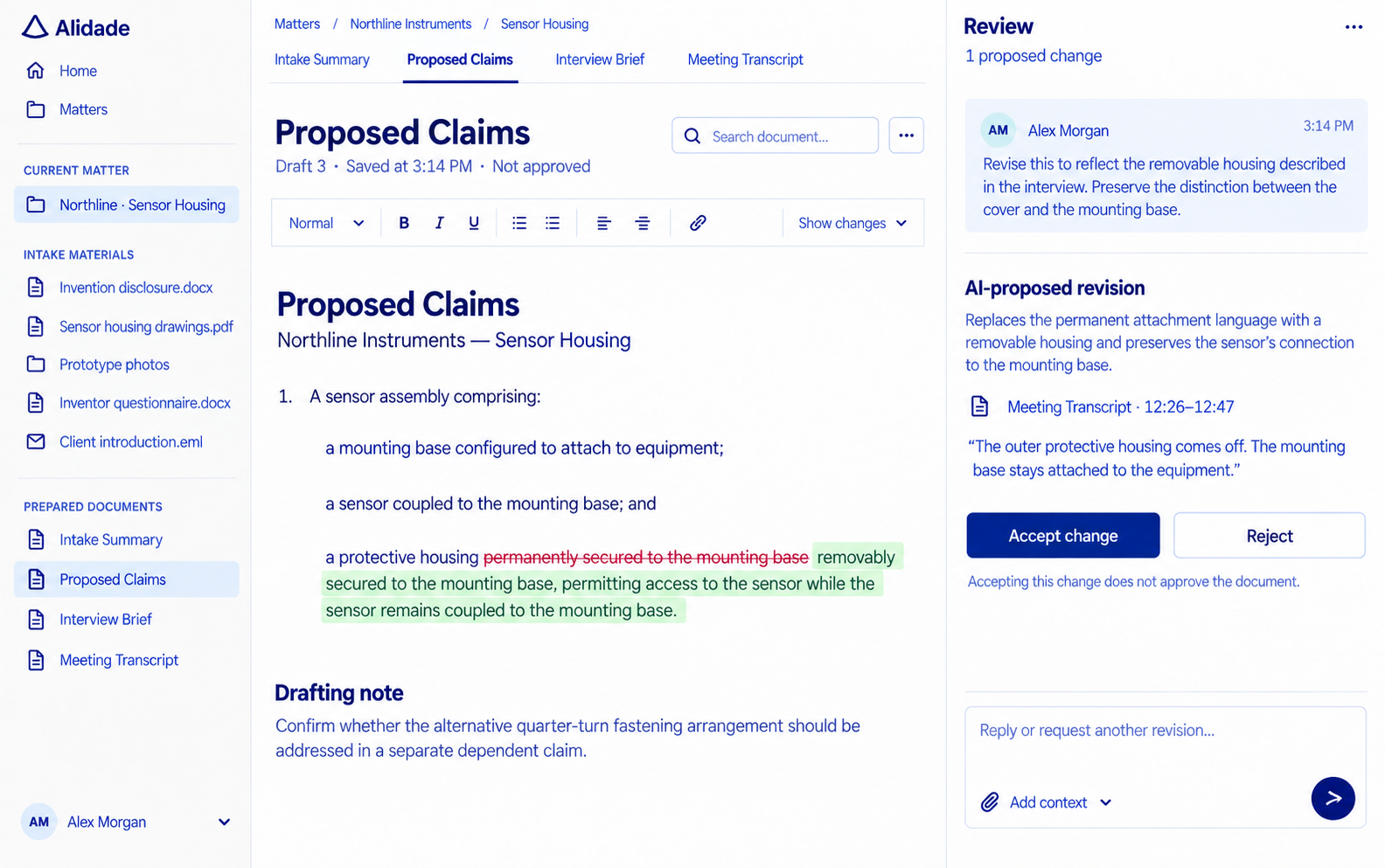 A draft with one proposed tracked change, an attorney comment, a linked source passage, and Accept change and Reject buttons.