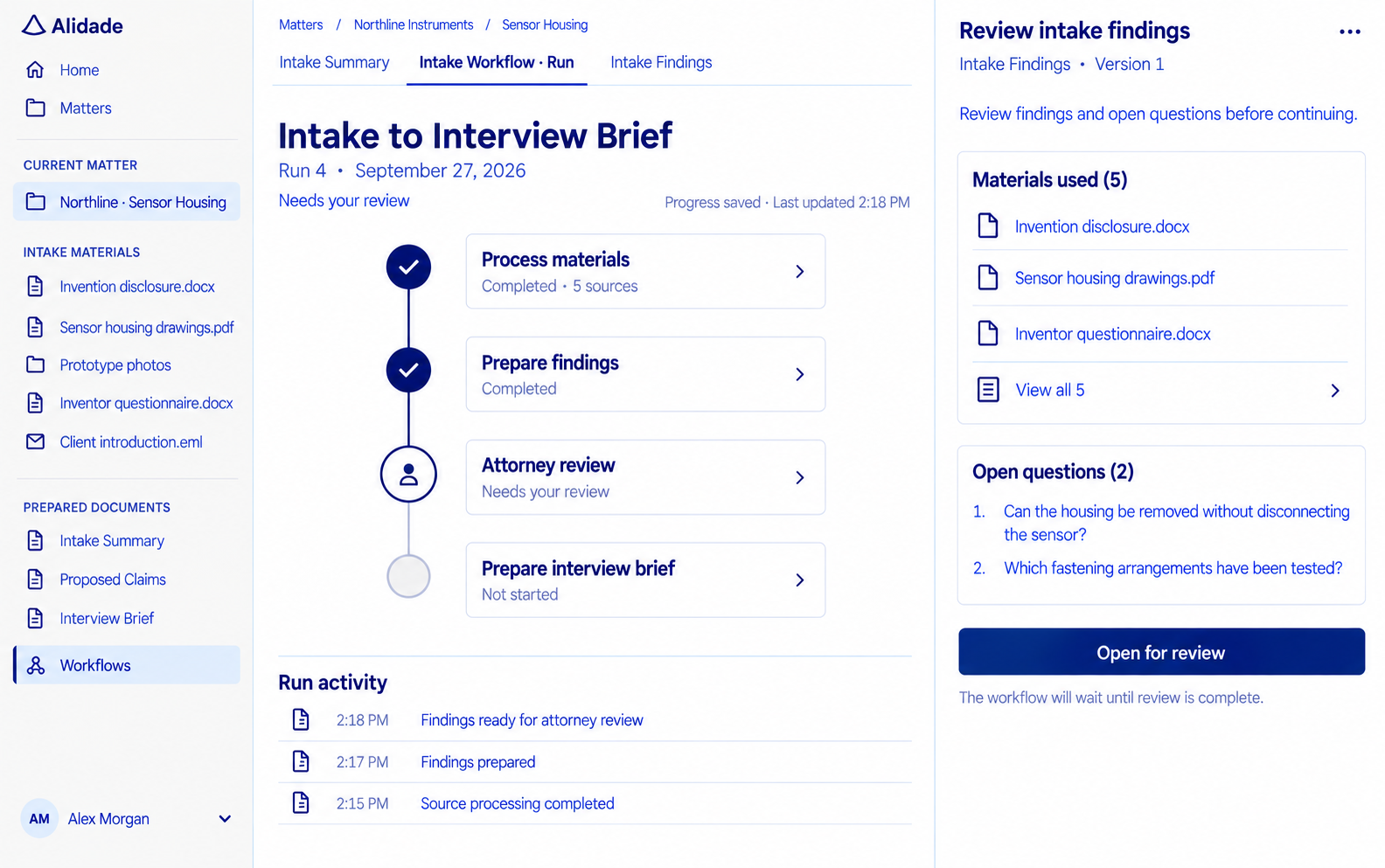 A workflow with two completed steps and an attorney review step awaiting review, listing unresolved questions.